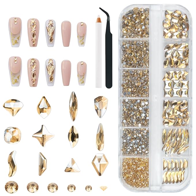 2052Pcs Champagne Gold Nail Rhinestones 72 Multi Shapes Golden Rhinestones for Nails Flatback Nail Gems +1980 K9 Glass Round Beads Stones Diamonds Nail Charms Art for Nails Faces Eyes Crafts