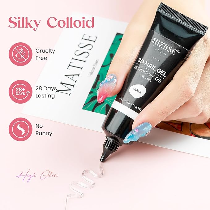 MIZHSE 3D Nail Gel 30G Clear 3D Nail Art 3D Sculpting Gel with Chrome Powder for Nail Art Design Molding Gel for Nails No Wipe Supply U V LED Gels Polish for Nails Sculpture Home DIY