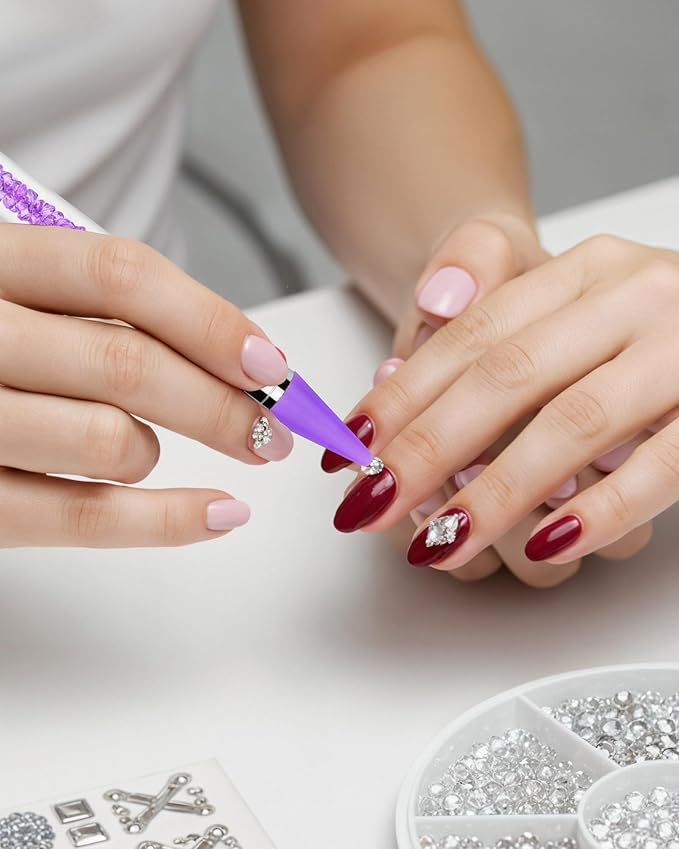 Rhinestone Picker Tool, 2 Rhinestone Tool Dual-Ended Wax Pen with 4PCS Replaceable Wax Tips and 1 Tweezers for DIY Nail Art Tool (Purple & White)