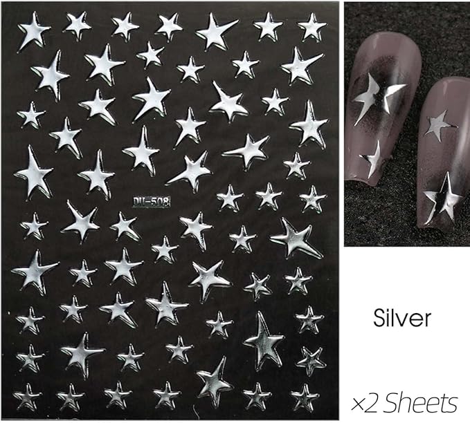 14 Sheets Star Nail Art Stickers, 7 Colors 3D Self-Adhesive Nail Decals with Gold Silver Black White Blue Pink Holographic Stars, 4th of July DIY Manicure Accessories for Women & Girls