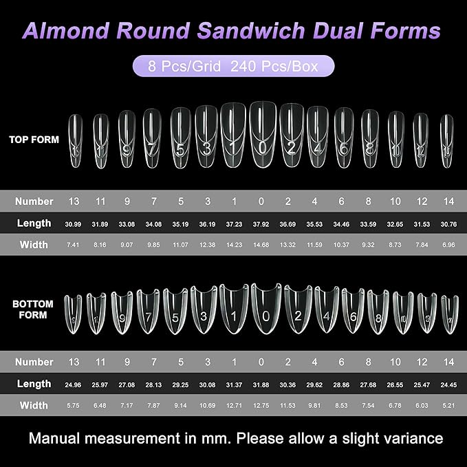 VOCOSTE 240pcs Sandwich Dual Nail Forms, Almond Round Nail Art Tools for Quick Nail Extension, 15 Sizes Plastic Reusable Form, Long Nails DIY Salon & Bride Party Manicure Kits