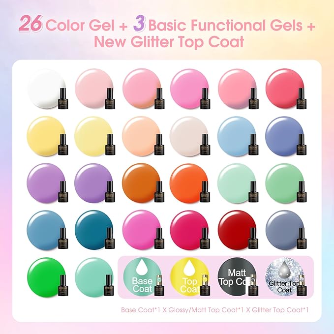 ROSALIND 30pcs Gel Polish Set, 26 Colors Neon Pastel Gel Nail Polish with 4Pcs Base Gel Top Coat Red Pink Orange Blue Four Seasons Colors Soak Off UV Gels Nail Gift for Women