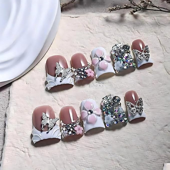 Handmade Press on Nails French Tip Fake Nails with Glue 3D Butterfly Duck False Nails with Designs Acrylic Nails Press Ons Sparkly Artificial Glossy Stick on Nail for Women 10Pcs (Size M)