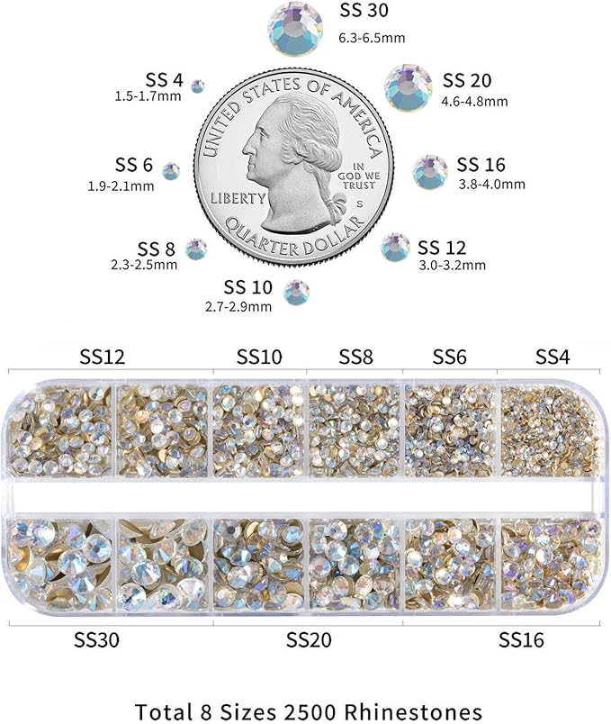 Beadsland Rhinestones for Makeup,8 Sizes 2500pcs Crystal Flatback Rhinestones Face Gems for Nails Crafts with Tweezers and Wax Pencil,Blue Moonlight,SS4-SS30