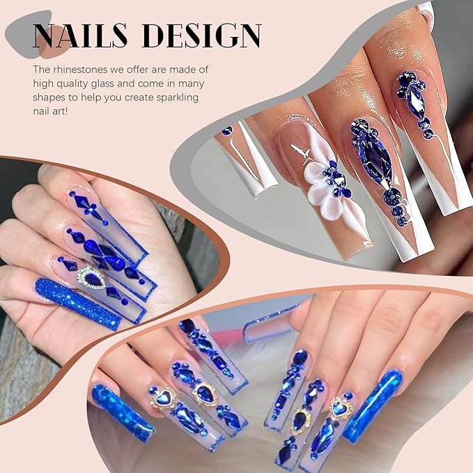 Royal Blue Glass Nail Rhinestones - 1680 Pcs Multi Shapes + 1500 Pcs Round Crystal with Glue Gel for Nail Art
