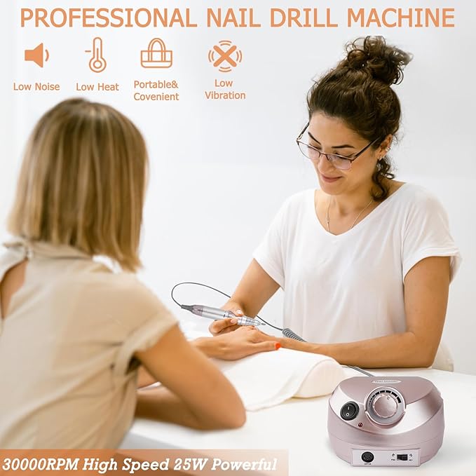 Portable Electric Nail Drill, 30000RPM Nail Drill with 6 NailDrill Bits and Sanding Bands, Nail File Kit for Acrylic, Gel Nails, Dip Powder, Manicure and Pedicure for Home Salon Use, Rose Gold