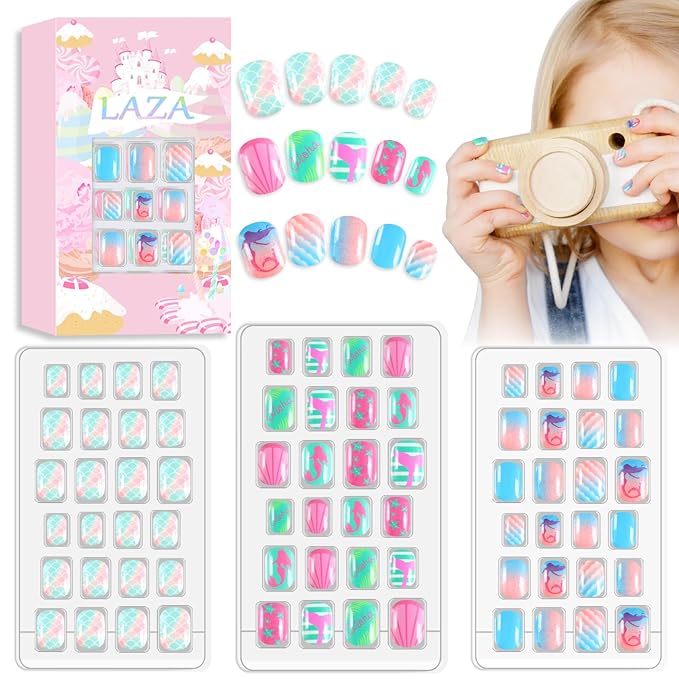 Laza 72pcs Children Nails Press On Pre-glue Full Cover Mermaid Pink Green Blue Scale Shell Short False Nail Kits for Kids Teenager Girls - Mermaid’s Dream