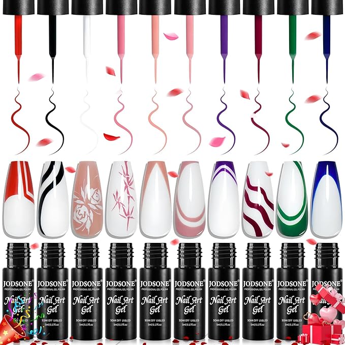 JODSONE Nail Art Gel Liner Set 10 Colors White Red Black White Gel Nail Polish Need U V Lamp Cured with Thin Brush,Valentines Gifts for Women