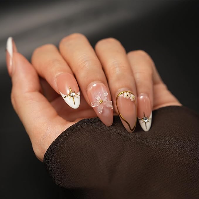 Short Brown French Tip Press On Nails ，3D Metallic Rhinestones style Design Handmade Press On Nails ，Reusable Glam Art Acrylic False Nails (10 PCS)