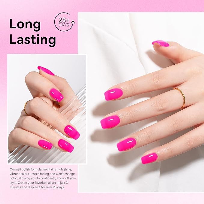 MEGIOR Hot Pink Jelly Gel Nail Polish 0.5 Fl Oz Pink Transparent Colors Soak Off UV LED Lamp Light Cure Gel Polish Kit for Salon and Nail Art Starter Manicure DIY at Home