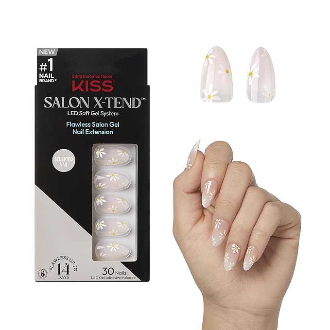KISS Salon X-tend, Press-On Nails, Nail glue included, 'Red Flags', Light Pink, Medium Size, Almond Shape, Includes 30 Nails, 5Ml Led Soft Gel Adhesive, 1 Manicure Stick, 1 New Mini File, New Prep Pad