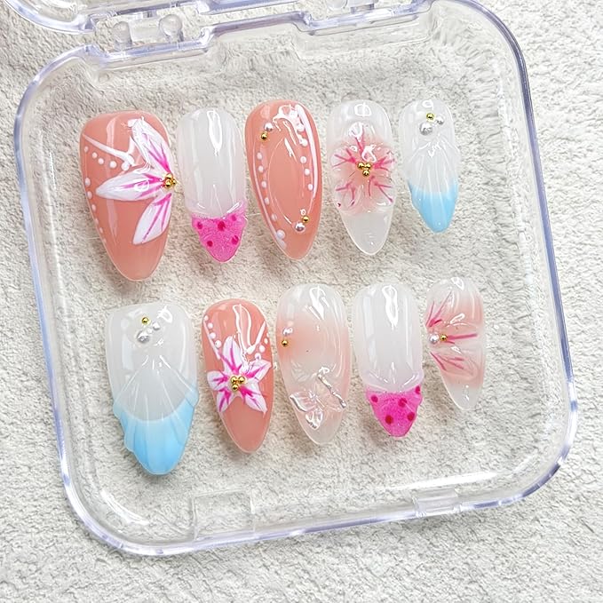 10 Pcs French Fake Nails Almond Medium Handmade Press on Nails with 3D Colorful Butterfly Flower Pearl Design Artificial Shell Shape Acrylic Full Cover Hand Made Press on Nail for Women（Size M）
