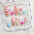 10 Pcs French Fake Nails Almond Medium Handmade Press on Nails with 3D Colorful Butterfly Flower Pearl Design Artificial Shell Shape Acrylic Full Cover Hand Made Press on Nail for Women（Size M）