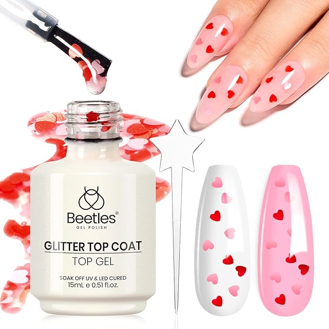 Beetles Spring Heart Glitter Top Coat Gel Polish, 15ml Clear Shine Pink & Red Heart Shape Gel, Soak Off UV No Wipe Gel Top Coat Sparkle Nail Gift for Women