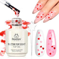 Beetles Spring Heart Glitter Top Coat Gel Polish, 15ml Clear Shine Pink & Red Heart Shape Gel, Soak Off UV No Wipe Gel Top Coat Sparkle Nail Gift for Women