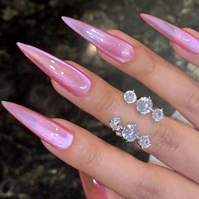 MISUD Press on Nails - Long Stiletto Fake Nails, Acrylic Summer Pink Cat Eye Design 24 pcs
