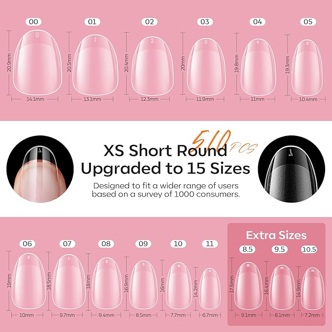 modelones X Nail Gel Kit Short Oval Round, Upgrade 510Pcs Fake Nails 15Sizes, 9-in-One Glue Prep Dehydrator & Mini U V Light Clipper, Pre-shaped Half Matte Press on Oval Tips for Extension DIY Salon
