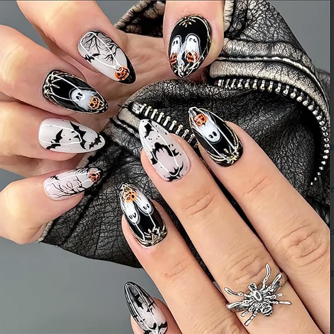 Halloween Ghost Press on Nails,Medium Almond Fake Nails,Halloween Ghost Bat Pumpkin Designs False Nails,Gold Glitter Press on Nails,Stick on Nails for Women Girls Halloween Manicure 24Pcs