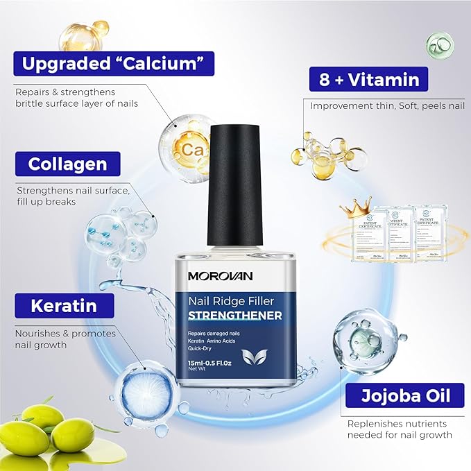 Morovan Nail Strengthener and Growth: Natural Keratin Repair Nail Polish Hardener & Ridge Filler Treatment for Damaged, Cracked, Thin Nails, Prevent Discoloration and Essential Nail Care for women