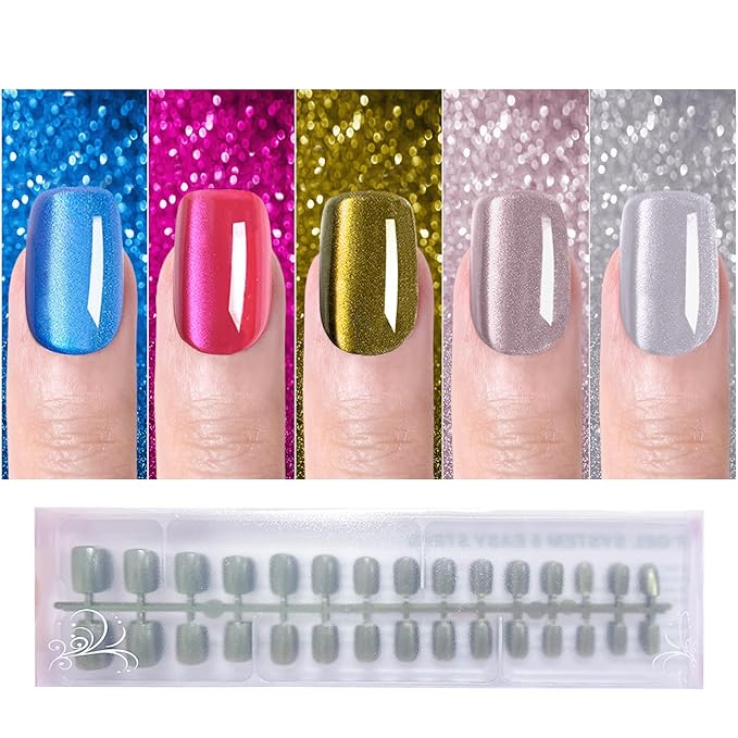 Cat Eye Press on Nails Short, OPkssnails 150pcs Summer Glittering Square Nail Tips, Soft Gel Nails False Nail, Soak Off Acrylic Fake Nails Extensions in 15 Sizes