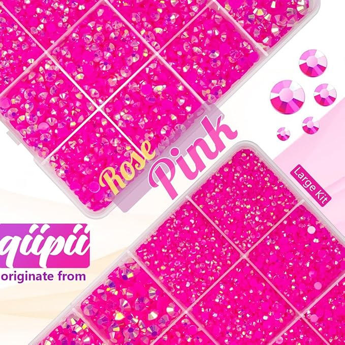 Hot Pink AB Resin Rhinestones w B7000 Glue for Bedazzling Crafting 2mm- 6mm Rose Pink Flatback Jelly Stones Diamonds Gems Bedazzler Kit Charms for Nails Face Eyes Makeup Tumblers Bottles Crafts