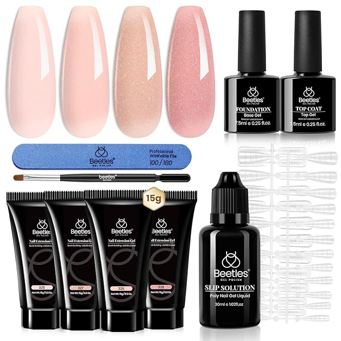 Beetles Poly Extension Gel Nail Kit, 4 Colors Nude Pink Neutral With Base Top Coat Manicure Enhancement All In One Poly Nail Gel Kit, Gift for Women