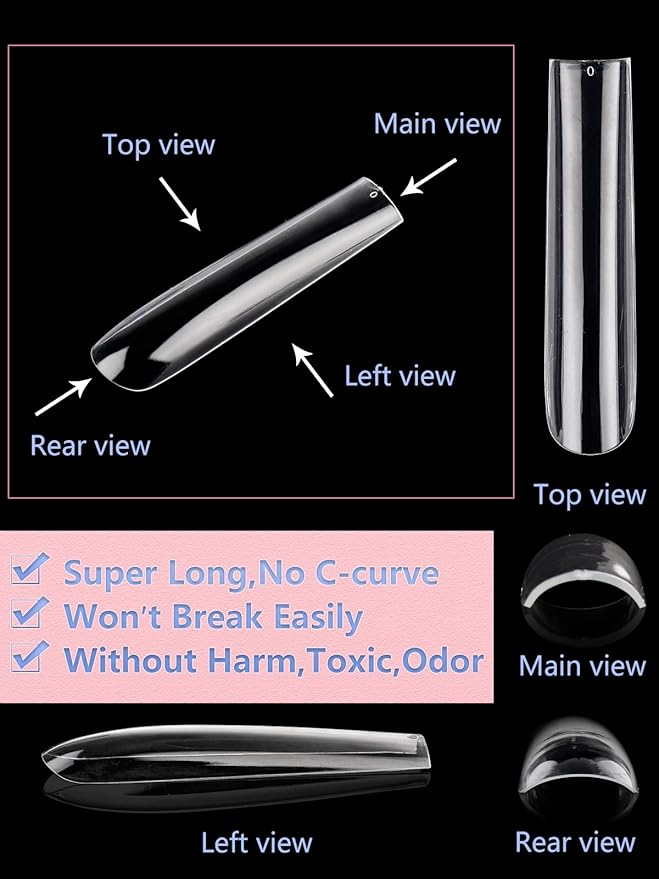 Quaferen 504Pcs Clear Square Nail Tips for Acrylic Nails Professional, XXXL Extra Long Tapered Square Straight Acrylic Nail Tips, Full Cover No Crease Nail Extension False Nails for DIY Nail Art