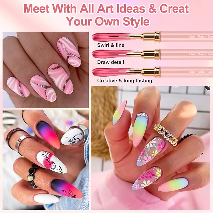 Nail Art Liner Brushes, 5Pcs Liner Brush For Nails, Painting Nail Art Brush Set Dotting Drawing Tool for Long Lines, Thin Details, UV Gel Polish Painting, Fine Drawing 7/9/11/15/25mm(Pink)