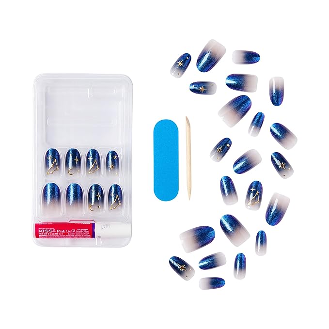KISS Voguish Fantasy Holiday Press On Nails, ‘Merry Magic’, Navy, Medium Oval, No Damage To Natural Nails, Pink Gel Nail Glue (2g), Mini Nail File, Manicure Stick, & 28 Fake Nails