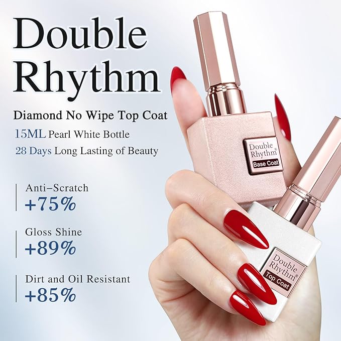 Double Rhythm 2 Pcs 15ML No Wipe Gel Top Coat and Base Coat Set Clear Glossy Gel Polish Kit Soak Off UV LED (Base and Top Coat)