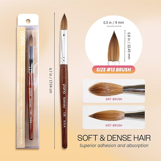 PANA Pure Kolinsky Hair Acrylic Nail Brush - Oval Crimped Mahogany Wood Handle (Size 12)