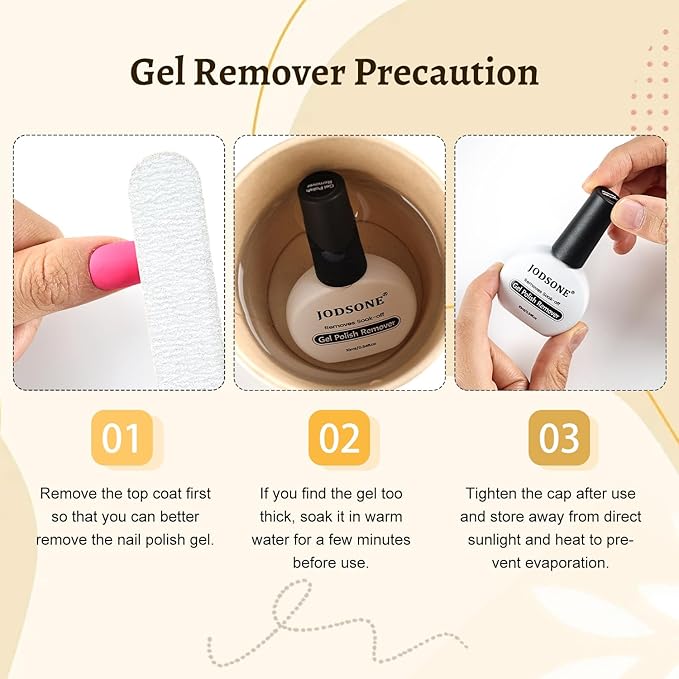 JODSONE 3Pcs 10ml Top and Base Coat Gel Nail Remover Set Gel Nail Remover for Quick and Easy at Home Removal U V Light Curing Required