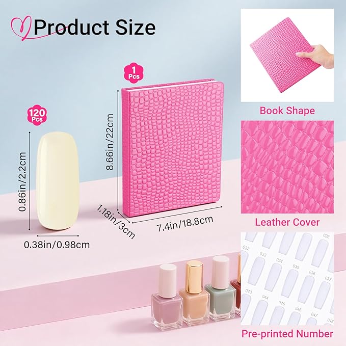 Segbeauty 120 Color Nail Swatches Polish Display Book, Pink Nail Color Display Book Sample, Nails Polish Organizer with 120 False Nails Tips, Gel Press On Nails Art Salon Supplies Holder Stand Case