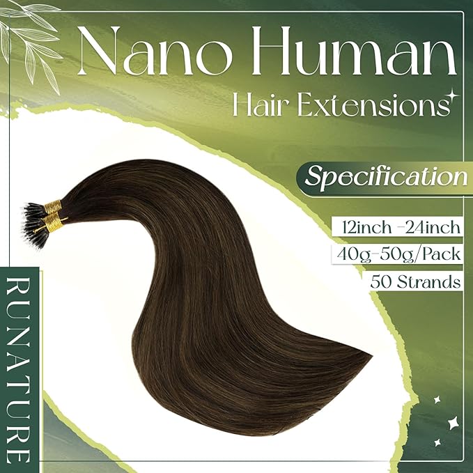 RUNATURE Nano Ring Hair Extensions Human Hair Dark Brown Ombre Brown Nano Beads Hair Extensions Real Hair 14 Inch 50g