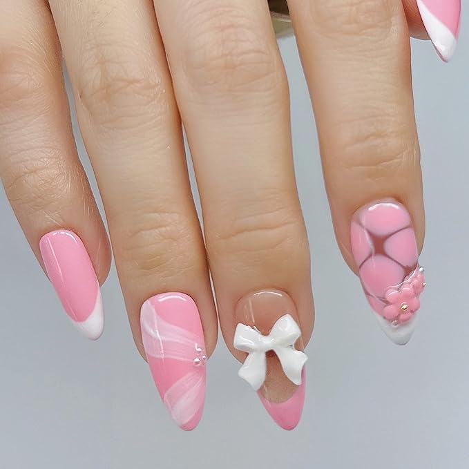 Handmade Press On Nails Medium Almond Baby Pink with White French Tip, Flower 3D Bow & More | Reusable Soft Gel Nails in 12 Sizes-24 Nail & Kit with Glue | Designed in L.A | Rosy Whispers