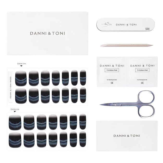 DANNI & TONI Gel Nail Strip Black Cat Eye Semi Cured Nail Stickers (Onyx Glimmer) UV Gel Nail Wraps 28 Stickers
