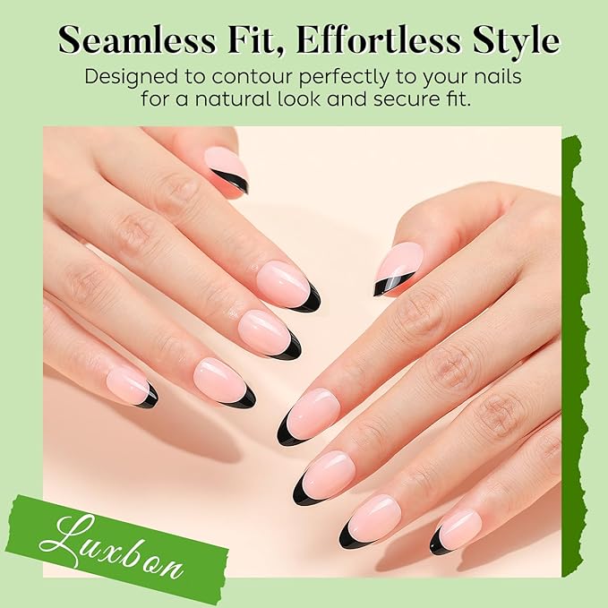 Luxbon Short Almond Press On Nails with No-Cure Nail Glue and Tool Kit – French Manicure Glue On Nails 25-30pcs Full Size Set, Reusable Fake Nails for Women, Salon Look at Home, Black