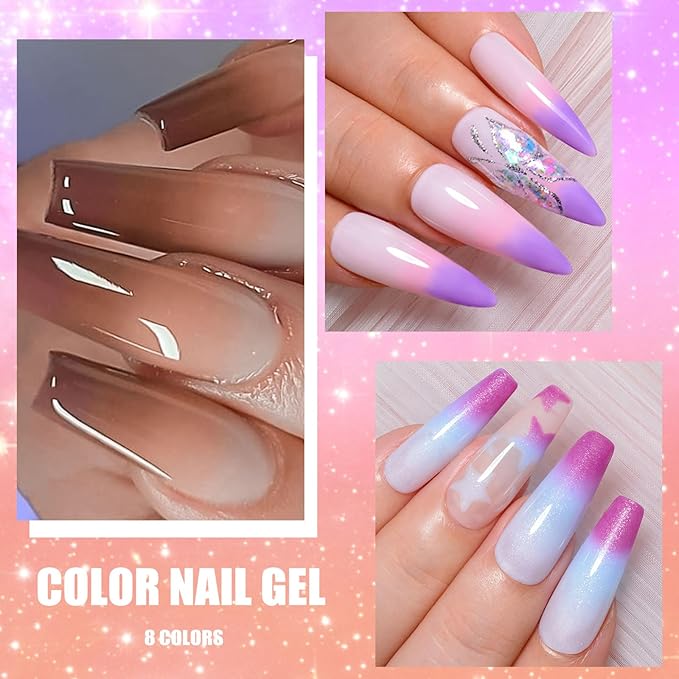 MEET ACROSS Color Changing Gel Nail Polish Set, 8 Colors Red Pink Glitter Purple Mood Temperature Change Nail Polish Gel Set Soak Off Nail Art DIY Salon Manicure Holiday Gift