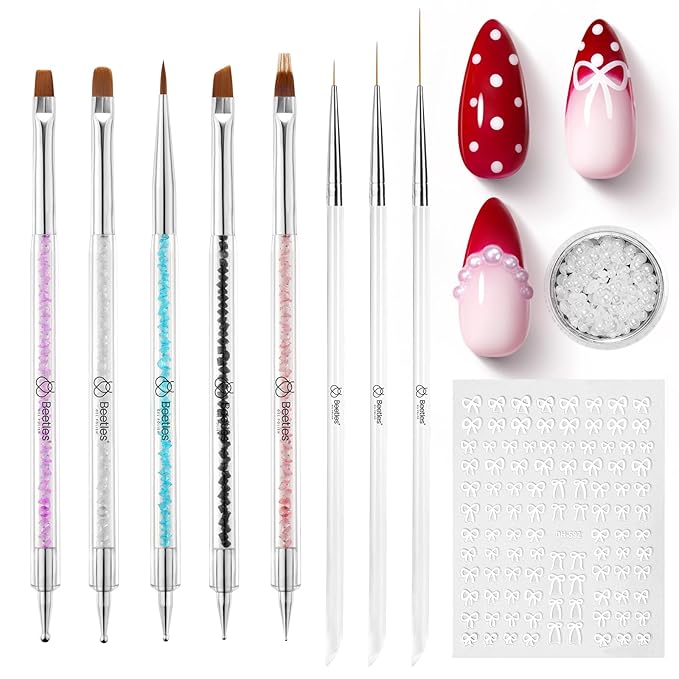 Beetles Manicure Kit for Women with Cuticle Remover, 3 PCS Pink Mani & Nail Art Brushes 8pcs – Crystal Nail Art Tools 5pcs Double-headed Nail