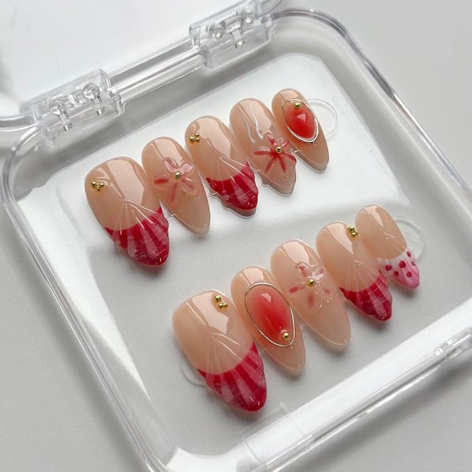 Luxury Press on Nails Medium Almond Handmade 3D Unique Reusable ABS Material Fake Nails Pink French Tip False Nails with Designs Pink Floral Polka Dots Glossy Glue on Nail Thick Acrylic Nail(M)