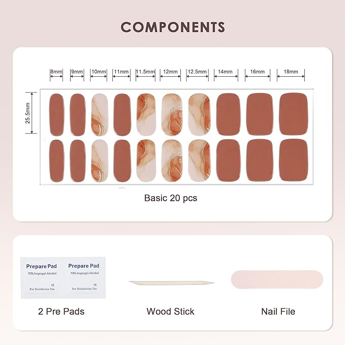 Semi Cured Gel Nail Strips – Real Gel Nail Polish Wraps for Brittle Nails | Long Lasting Easy Peel-Off Removal | Hema-Free | 20-Piece Fall Pattern Salon Sticker Kit with File & Stick