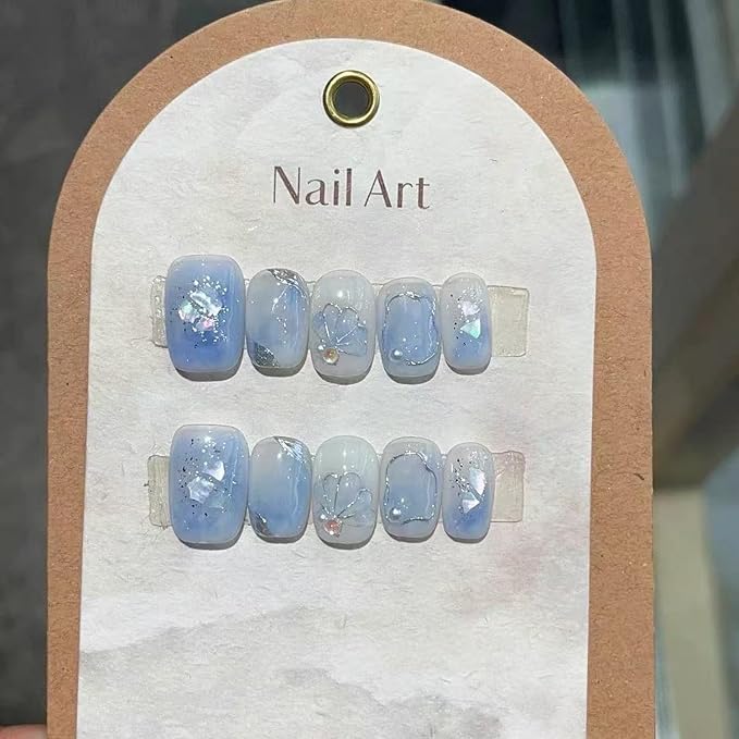 Handmade Press on Nails Shell False Nails White Pearl Press on Nail Short Square Fake Nails Designs Full Cover Artificial Gradient Blue Acrylic Glue on Nail for Women Girls Stick on Nails (Size S)