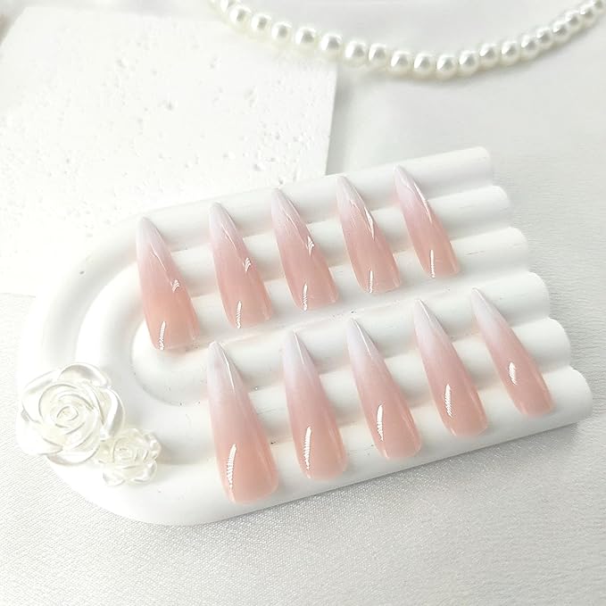 Pink White Ombre Press on Nails Long Stiletto Fake Nails with Gradient Designs Simple Glue on Nails Cute Acrylic Nails Press ons Glossy Stick on Nails for Women Girls 24 Pcs