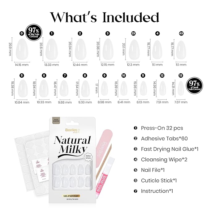 Beetles Natural Milky White Press On, Short Almond Press On Nails, Soft Nail Gel Nail Kit with Fast-Dry Nail Glue & Adhesive Tabs, 32pcs 16 Sizes, Girls Stick On Nails for Women