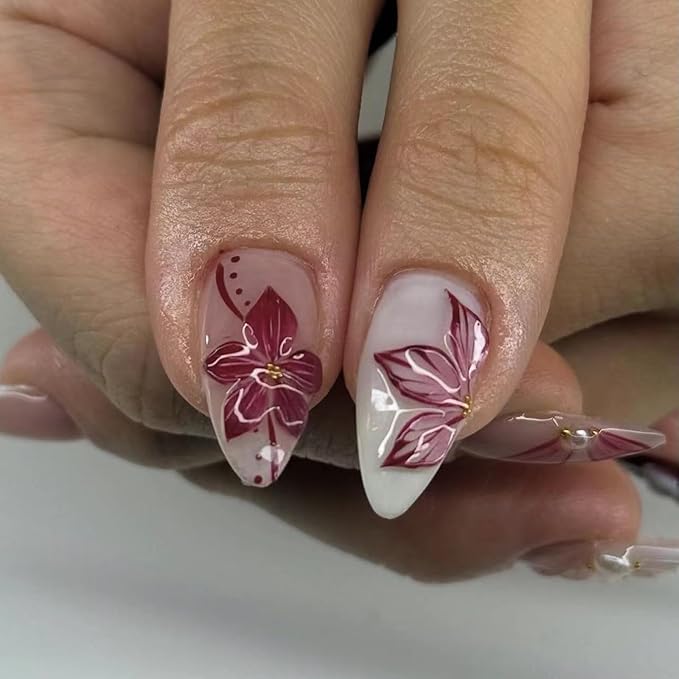 Almond Press On Nails Medium Flower Fake Nails, Bow Nails Press Ons With Pearls Designs,Reusable Full Cover French Acrylic Nail, Glossy Glue On Nails For Women Nail Accessories