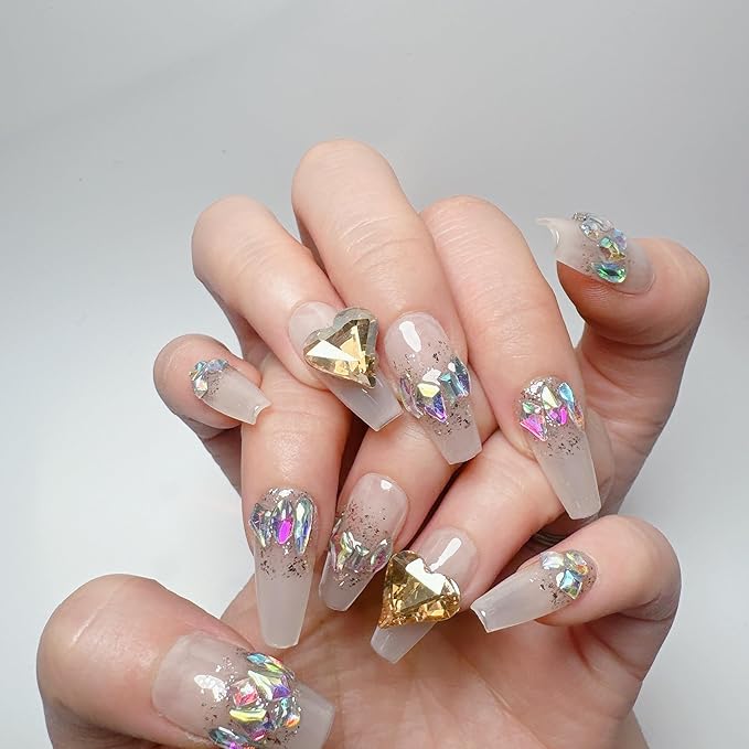 Acrylic Handmade Press On Nails long,3D White Gel Coquette Thick Strong Glue On Nails,Rhinestone Heart Designs Coffin Fake Nails Kit Reusable,10 Nails Size S,#457
