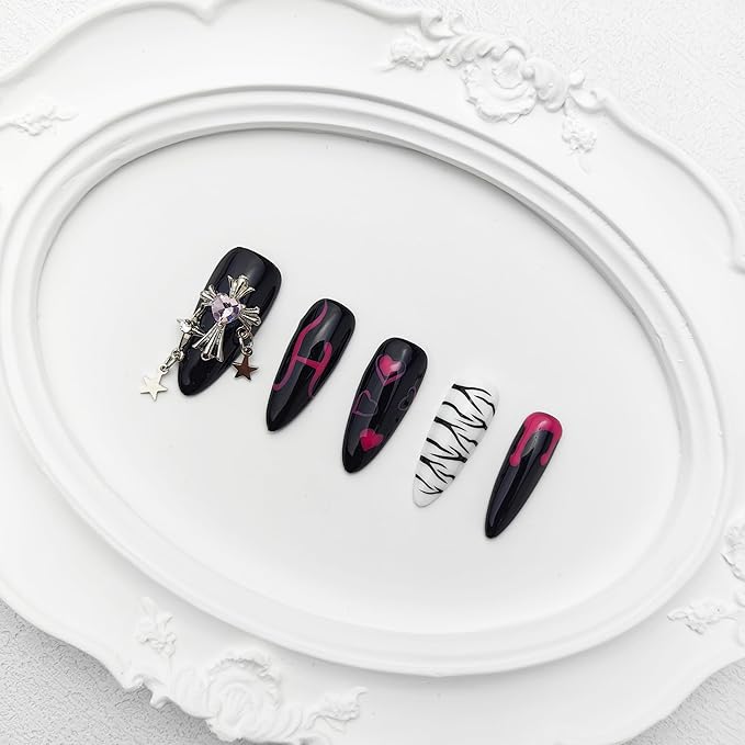 2025 Dark Series Pure Handmade Pressed Full Stick Medium Almond Nails Hand-painted Designs Reusable Acrylic Press on Nails with Rhinestones Fake Nails w/Box Ladies Gifts (Dark Pattern, Medium)