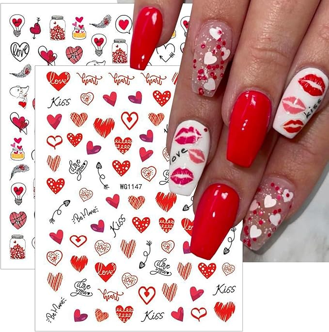 8 Sheets Valentines Nails Stickers 3D Self-Adhesive Heart Nail Art Stickers Cute Cartoon Nail Decals Red Lips Love Balloon Cat Light Cherry Designs Holiday Nails Art Supplies for Women DIY