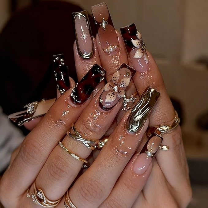 Long Press on Nails Square Fake Nails French Tip False Nails with Flowers Designs Artificial Nails Brown Stick on Nails for Women 24pcs
