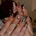 Long Press on Nails Square Fake Nails French Tip False Nails with Flowers Designs Artificial Nails Brown Stick on Nails for Women 24pcs